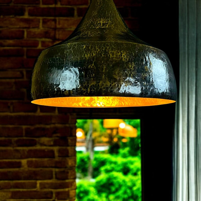 Handmade Moroccan Brass Pendant Light – Black Hammered Dome Ceiling Lamp with Gold Interior, Tapered Onion Shape & Vintage Chain Suspension