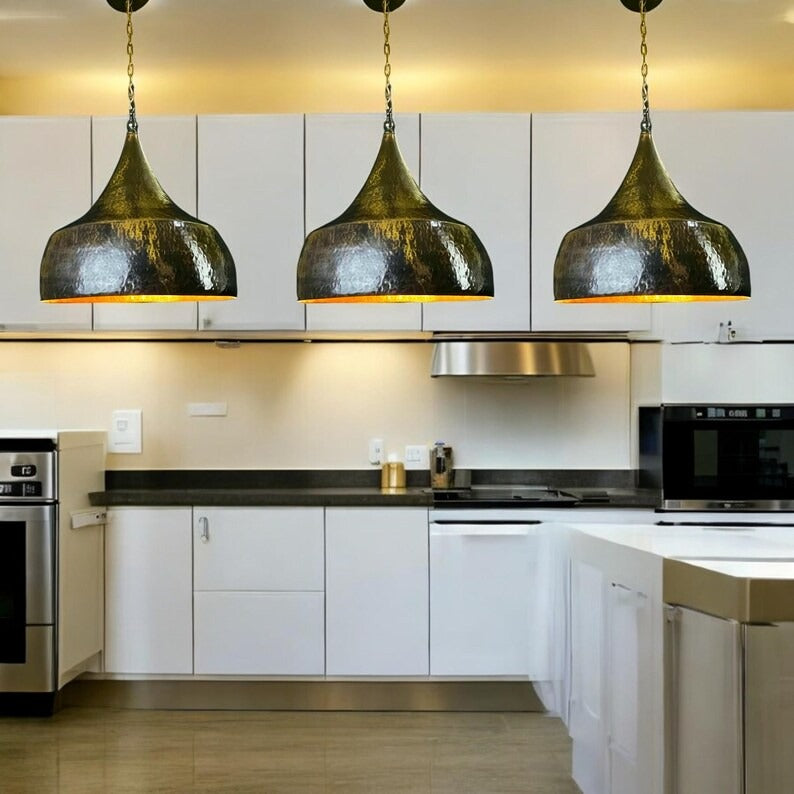 Handmade Moroccan Brass Pendant Light – Black Hammered Dome Ceiling Lamp with Gold Interior, Tapered Onion Shape & Vintage Chain Suspension