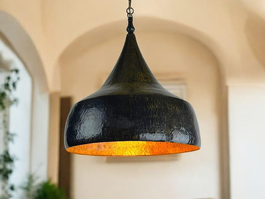 Handmade Moroccan Brass Pendant Light – Black Hammered Dome Ceiling Lamp with Gold Interior, Tapered Onion Shape & Vintage Chain Suspension