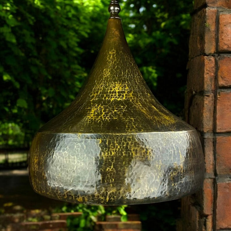 Handmade Moroccan Brass Pendant Light – Black Hammered Dome Ceiling Lamp with Gold Interior, Tapered Onion Shape & Vintage Chain Suspension