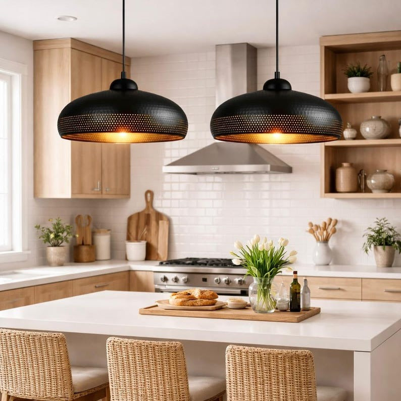 Set of 3 Handmade Moroccan Brass Pendant Lights – Black Hammered Dome Ceiling Lamps with Pierced Dot Design, Kitchen Island & Dining Room Lighting