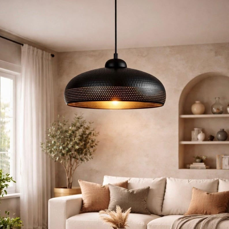 Handmade Moroccan Brass Pendant Light – Black Hammered Dome Ceiling Lamp with Pierced Dot Design, Modern Kitchen Island & Living Room Lighting
