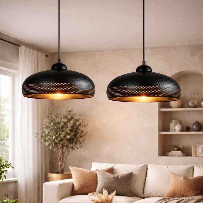 Handmade Moroccan Brass Pendant Light – Black Hammered Dome Ceiling Lamp with Pierced Dot Design, Modern Kitchen Island & Living Room Lighting