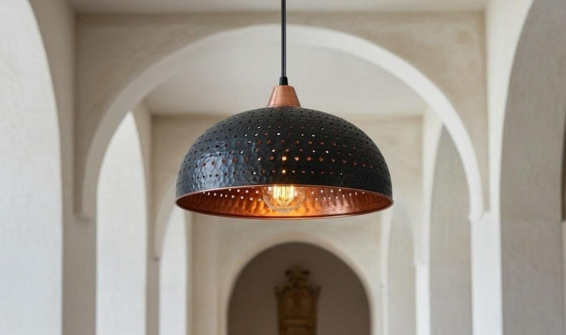 Handmade Moroccan Brass Dome Pendant Light – Black Hammered Pierced Ceiling Lamp with Warm Copper Interior, Rustic Kitchen Island Fixture