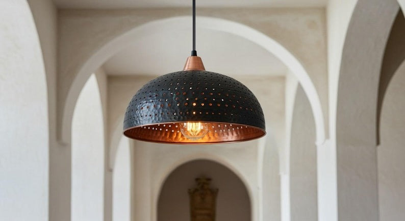 Handmade Moroccan Brass Dome Pendant Light – Black Hammered Pierced Ceiling Lamp with Warm Copper Interior, Rustic Kitchen Island Fixture