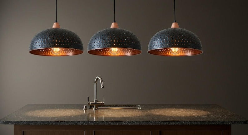 Handmade Moroccan Brass Dome Pendant Light – Black Hammered Pierced Ceiling Lamp with Warm Copper Interior, Rustic Kitchen Island Fixture