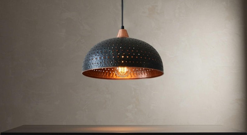 Handmade Moroccan Brass Dome Pendant Light – Black Hammered Pierced Ceiling Lamp with Warm Copper Interior, Rustic Kitchen Island Fixture