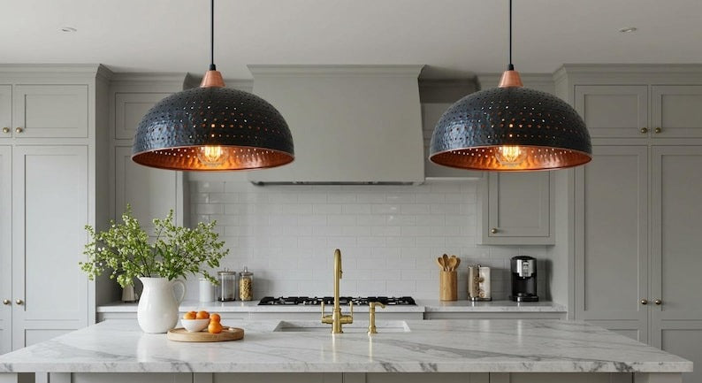 Handmade Moroccan Brass Dome Pendant Light – Black Hammered Pierced Ceiling Lamp with Warm Copper Interior, Rustic Kitchen Island Fixture