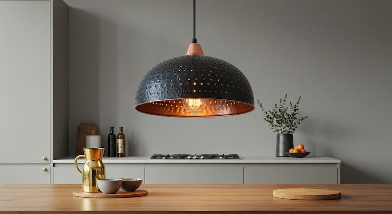 Handmade Moroccan Brass Dome Pendant Light – Black Hammered Pierced Ceiling Lamp with Warm Copper Interior, Rustic Kitchen Island Fixture