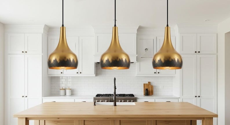 Two-Tone Brass Teardrop Pendant Light – Gold and Black Modern Kitchen Island Chandelier