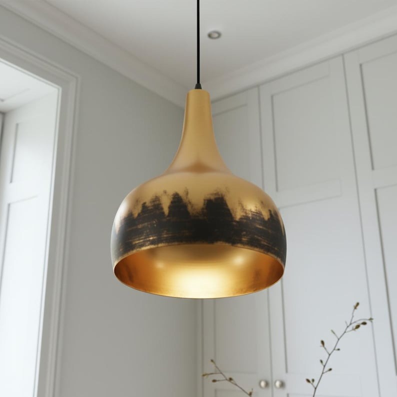 Two-Tone Brass Teardrop Pendant Light – Gold and Black Modern Kitchen Island Chandelier