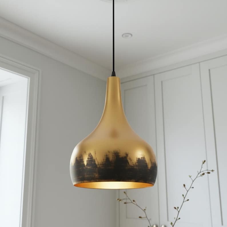 Two-Tone Brass Teardrop Pendant Light – Gold and Black Modern Kitchen Island Chandelier