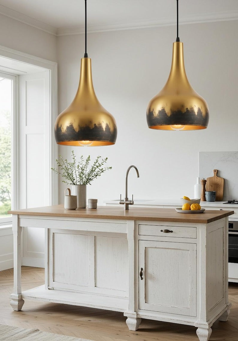 Two-Tone Brass Teardrop Pendant Light – Gold and Black Modern Kitchen Island Chandelier