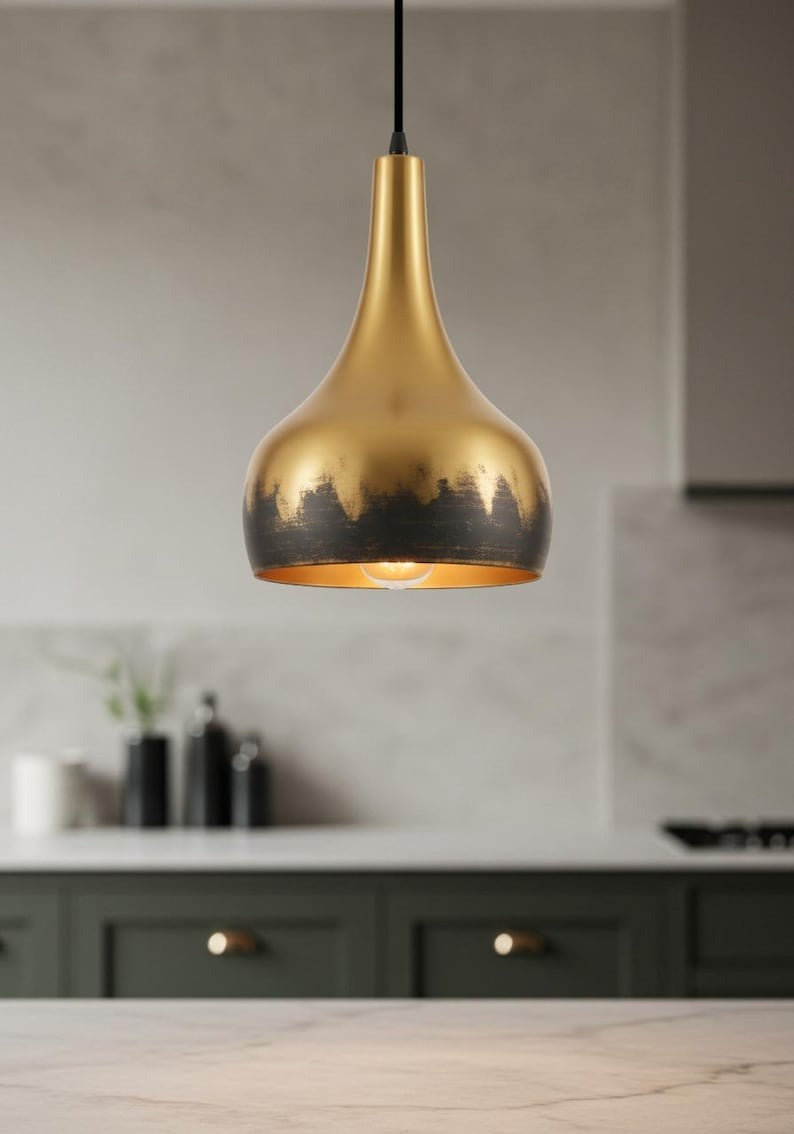 Two-Tone Brass Teardrop Pendant Light – Gold and Black Modern Kitchen Island Chandelier
