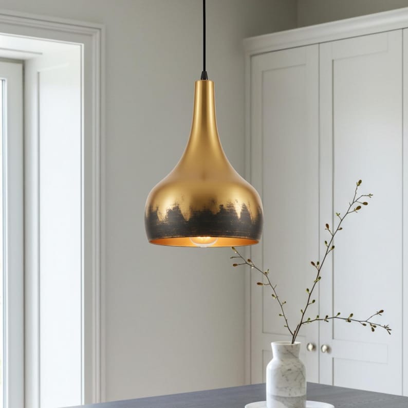 Two-Tone Brass Teardrop Pendant Light – Gold and Black Modern Kitchen Island Chandelier