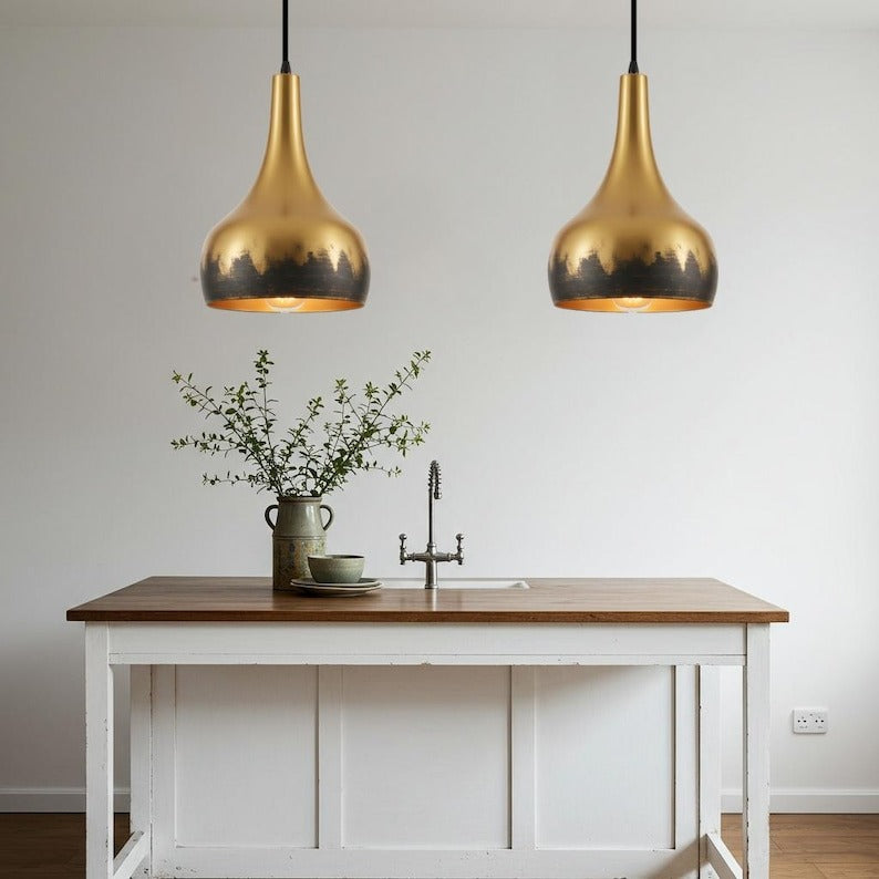 Two-Tone Brass Teardrop Pendant Light – Gold and Black Modern Kitchen Island Chandelier