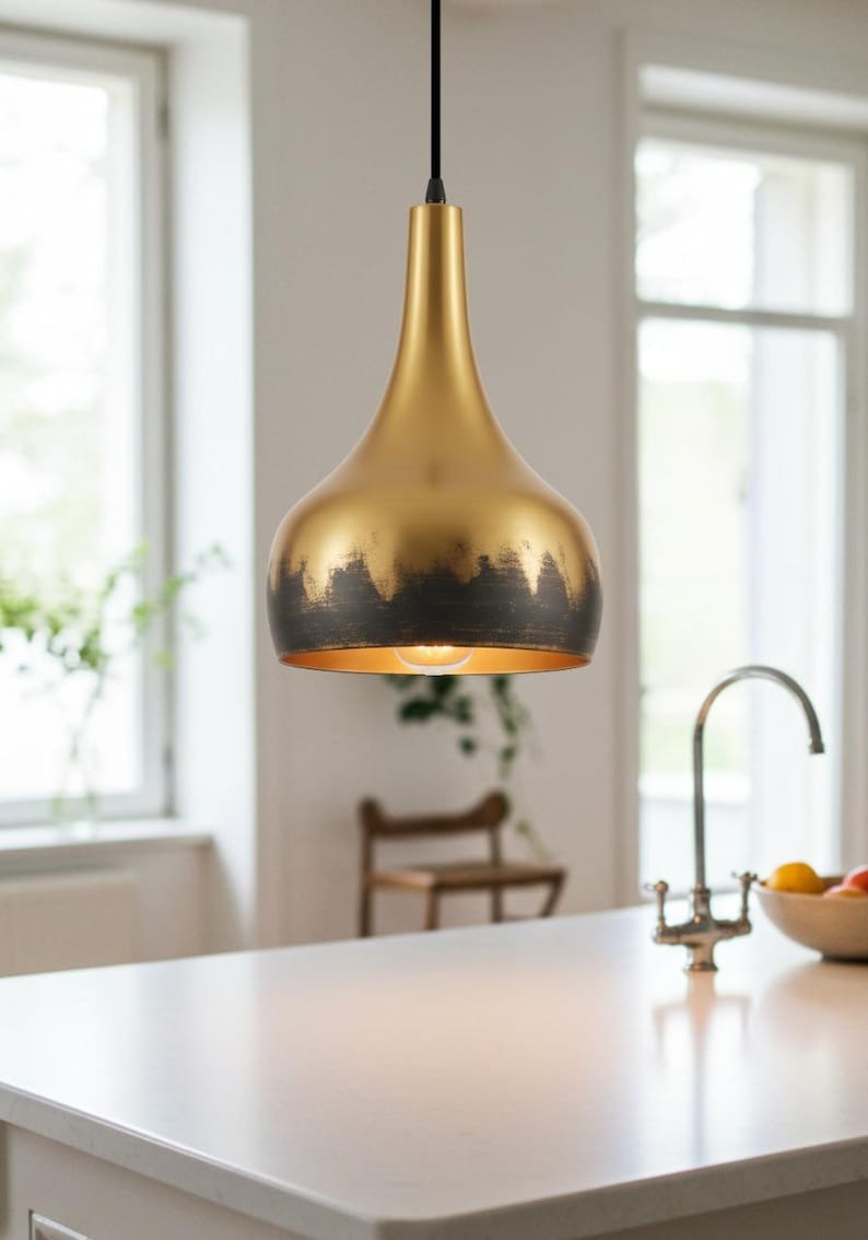 Two-Tone Brass Teardrop Pendant Light – Gold and Black Modern Kitchen Island Chandelier