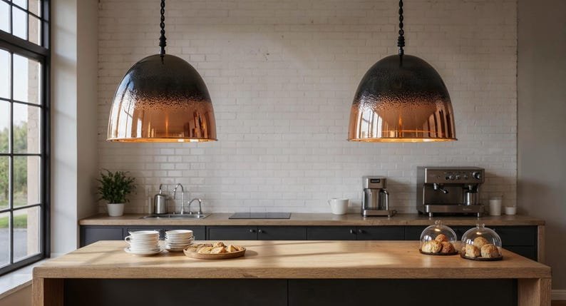Black Ombre Copper Pendant Light, Handmade Hammered Dome Ceiling Lamp, Rustic Modern Kitchen Island Chandelier