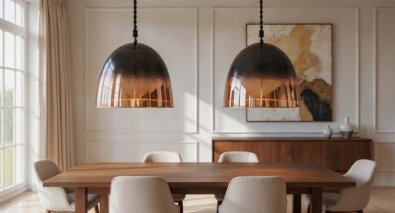 Black Ombre Copper Pendant Light, Handmade Hammered Dome Ceiling Lamp, Rustic Modern Kitchen Island Chandelier
