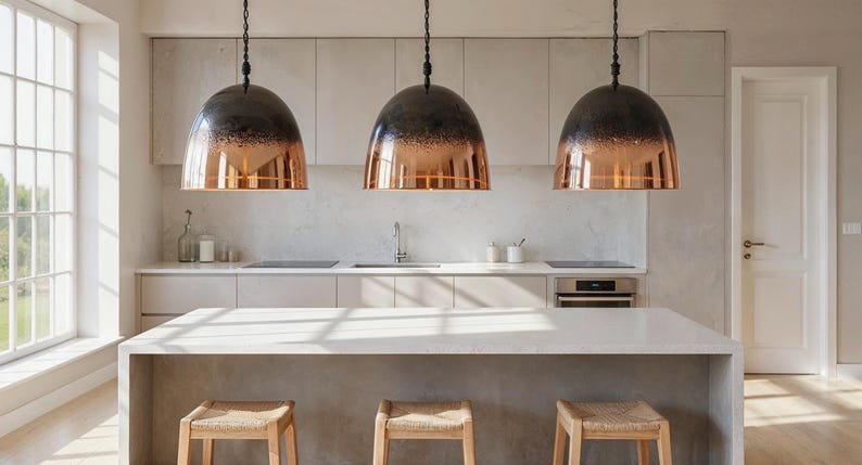 Black Ombre Copper Pendant Light, Handmade Hammered Dome Ceiling Lamp, Rustic Modern Kitchen Island Chandelier