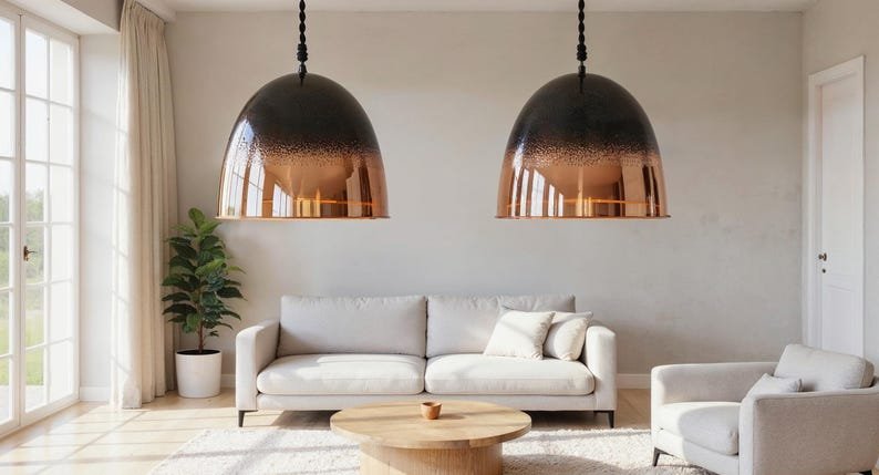 Black Ombre Copper Pendant Light, Handmade Hammered Dome Ceiling Lamp, Rustic Modern Kitchen Island Chandelier