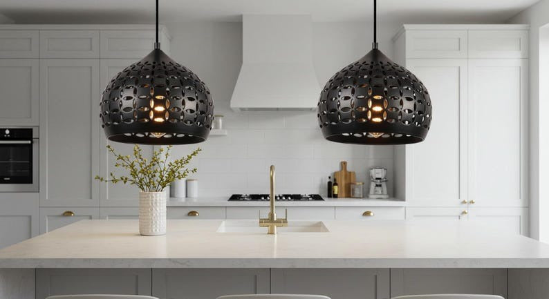 Handmade Moroccan Brass Pendant Light – Black Pierced Brass Dome Hanging Lamp with Floral Cutout Pattern, Boho Mediterranean Ceiling Light for Kitchen Island, Dining Room, Bedroom & Entryway