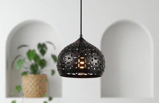 Handmade Moroccan Brass Pendant Light – Black Pierced Brass Dome Hanging Lamp with Floral Cutout Pattern, Boho Mediterranean Ceiling Light for Kitchen Island, Dining Room, Bedroom & Entryway