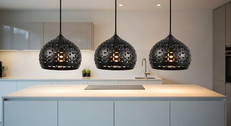 Handmade Moroccan Brass Pendant Light – Black Pierced Brass Dome Hanging Lamp with Floral Cutout Pattern, Boho Mediterranean Ceiling Light for Kitchen Island, Dining Room, Bedroom & Entryway