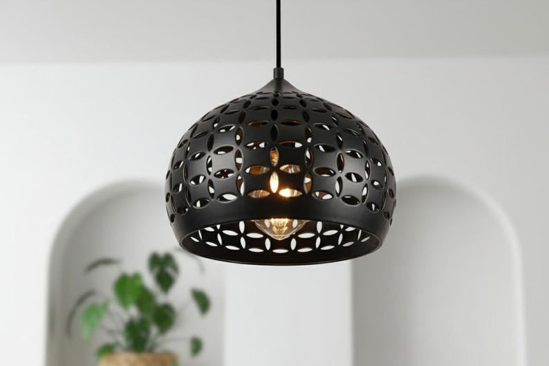 Handmade Moroccan Brass Pendant Light – Black Pierced Brass Dome Hanging Lamp with Floral Cutout Pattern, Boho Mediterranean Ceiling Light for Kitchen Island, Dining Room, Bedroom & Entryway