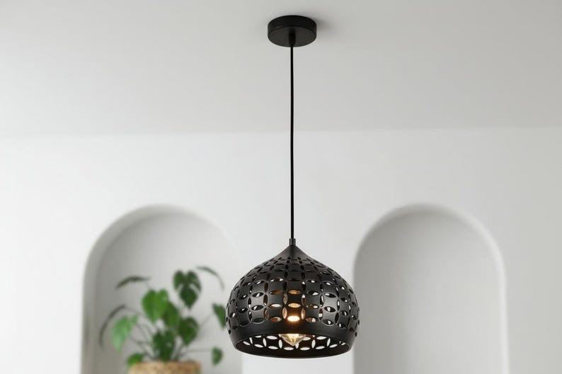 Handmade Moroccan Brass Pendant Light – Black Pierced Brass Dome Hanging Lamp with Floral Cutout Pattern, Boho Mediterranean Ceiling Light for Kitchen Island, Dining Room, Bedroom & Entryway