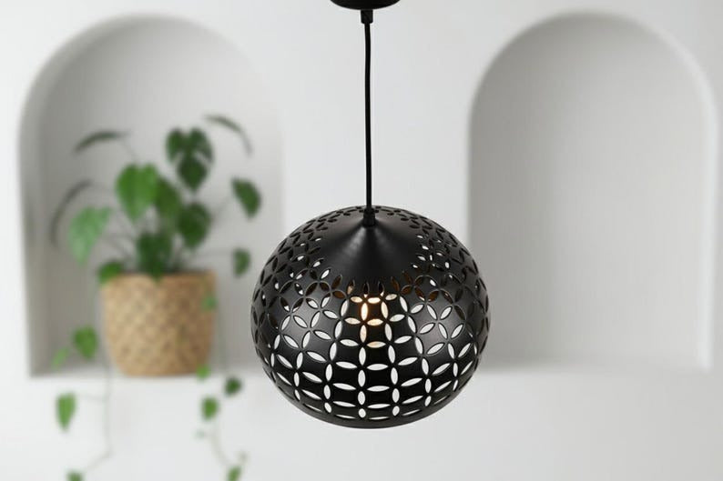 Handmade Moroccan Brass Pendant Light – Black Pierced Brass Dome Hanging Lamp with Floral Cutout Pattern, Boho Mediterranean Ceiling Light for Kitchen Island, Dining Room, Bedroom & Entryway