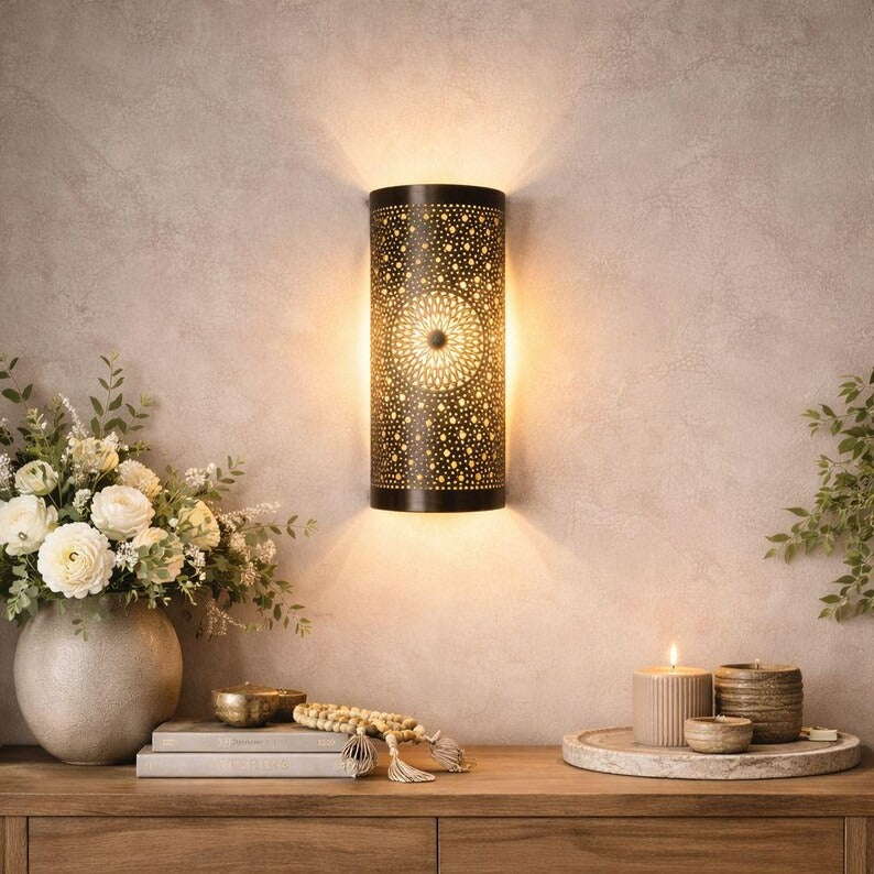 Handmade Moroccan Brass Wall Sconce – Black Pierced Cylinder Wall Light with Mandala Star Design, Ambient Living Room & Bedroom Lighting