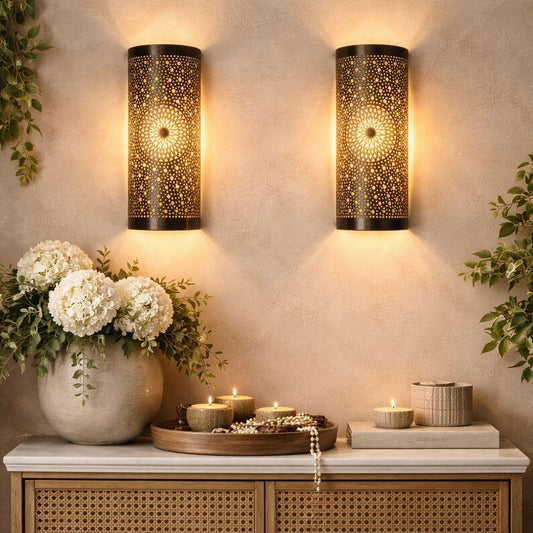 Set of 2 Handmade Moroccan Brass Wall Sconces – Black Pierced Cylinder Wall Lights with Mandala Star Design, Living Room & Bedroom Lighting
