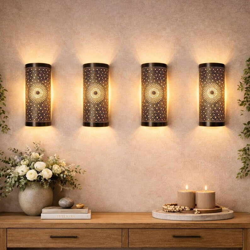 Set of 2 Handmade Moroccan Brass Wall Sconces – Black Pierced Cylinder Wall Lights with Mandala Star Design, Living Room & Bedroom Lighting