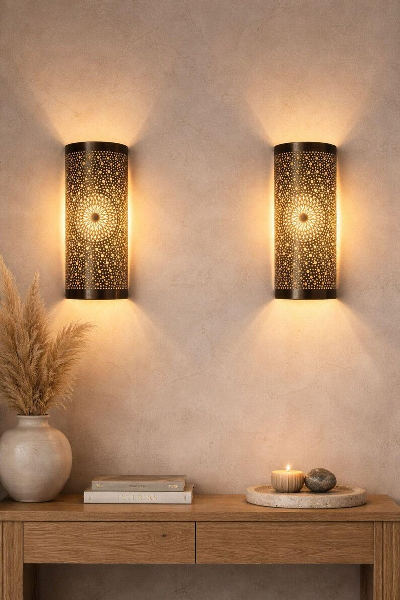 Set of 2 Handmade Moroccan Brass Wall Sconces – Black Pierced Cylinder Wall Lights with Mandala Star Design, Living Room & Bedroom Lighting
