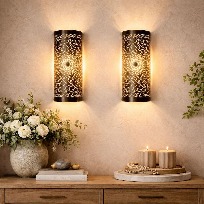 Set of 2 Handmade Moroccan Brass Wall Sconces – Black Pierced Cylinder Wall Lights with Mandala Star Design, Living Room & Bedroom Lighting