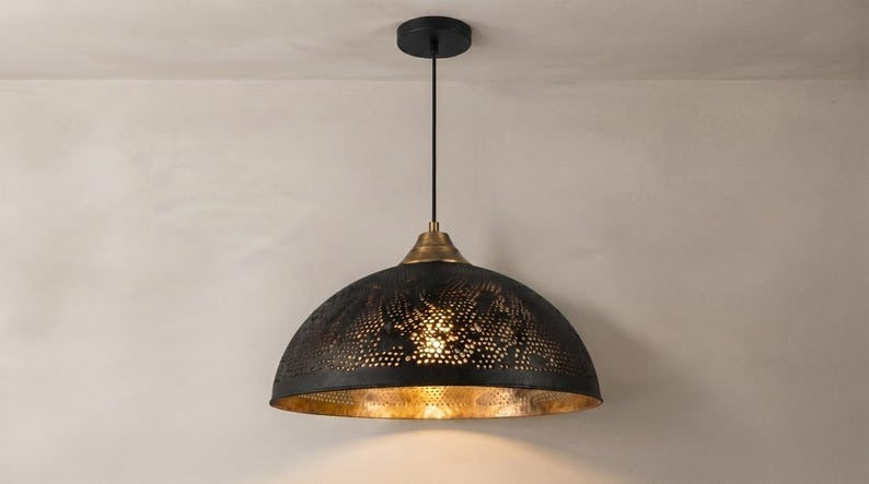 Set of 3 Handmade Moroccan Brass Pendant Lights – Black Pierced Dome Ceiling Lamps with Gold Interior, Geometric Starburst Kitchen Island & Dining Room Lighting
