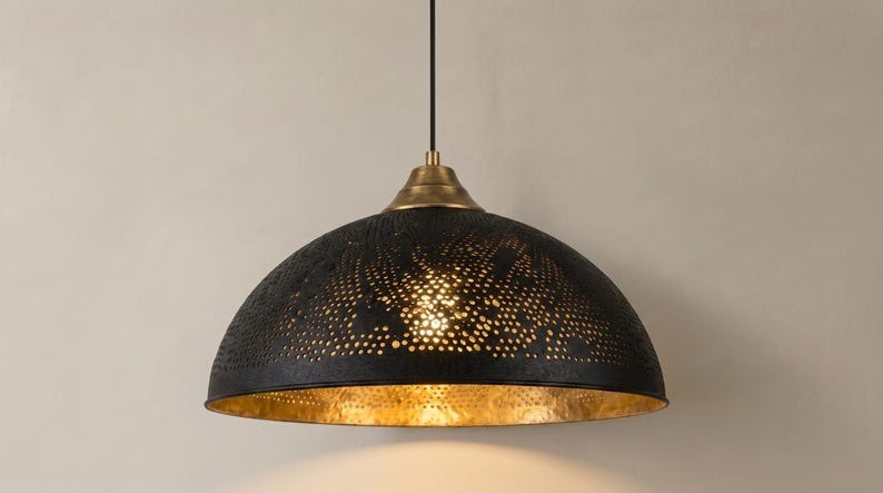 Set of 3 Handmade Moroccan Brass Pendant Lights – Black Pierced Dome Ceiling Lamps with Gold Interior, Geometric Starburst Kitchen Island & Dining Room Lighting