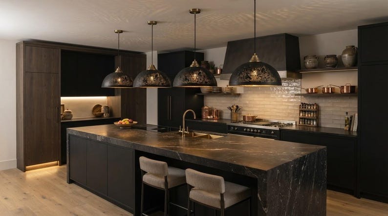 Set of 3 Handmade Moroccan Brass Pendant Lights – Black Pierced Dome Ceiling Lamps with Gold Interior, Geometric Starburst Kitchen Island & Dining Room Lighting