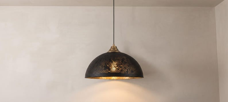 Set of 3 Handmade Moroccan Brass Pendant Lights – Black Pierced Dome Ceiling Lamps with Gold Interior, Geometric Starburst Kitchen Island & Dining Room Lighting