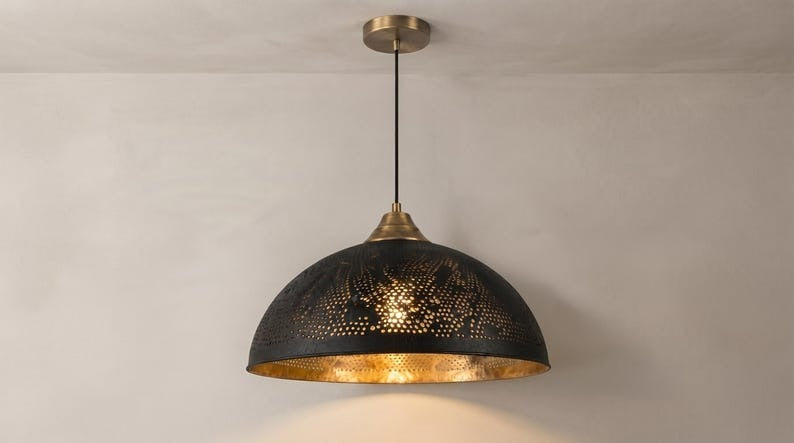 Set of 3 Handmade Moroccan Brass Pendant Lights – Black Pierced Dome Ceiling Lamps with Gold Interior, Geometric Starburst Kitchen Island & Dining Room Lighting