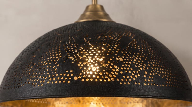 Set of 3 Handmade Moroccan Brass Pendant Lights – Black Pierced Dome Ceiling Lamps with Gold Interior, Geometric Starburst Kitchen Island & Dining Room Lighting