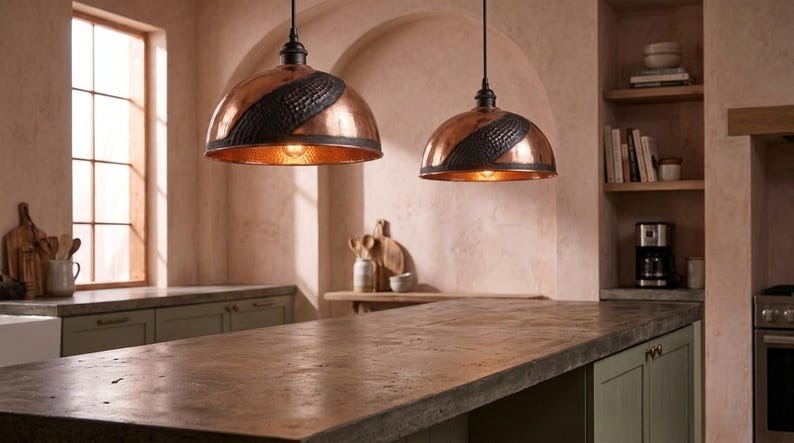 Handmade Moroccan Brass Pendant Light – Hammered Copper Dome Lamp with Black Textured Inlay, Rustic Kitchen Island Ceiling Fixture