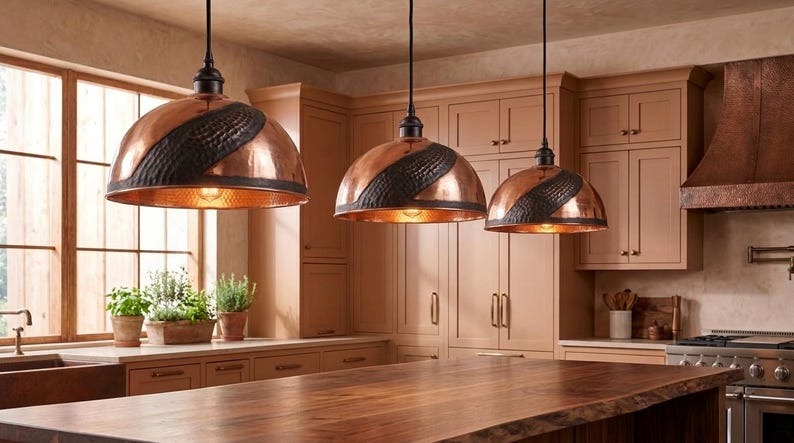 Handmade Moroccan Brass Pendant Light – Hammered Copper Dome Lamp with Black Textured Inlay, Rustic Kitchen Island Ceiling Fixture