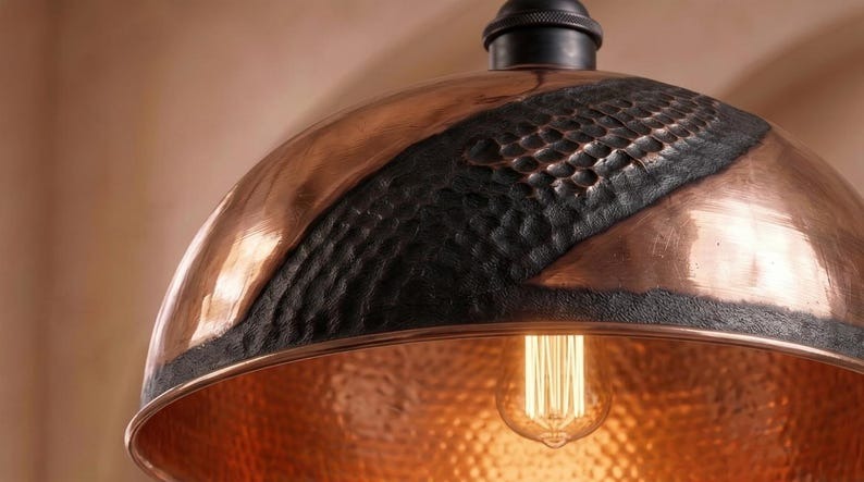 Handmade Moroccan Brass Pendant Light – Hammered Copper Dome Lamp with Black Textured Inlay, Rustic Kitchen Island Ceiling Fixture