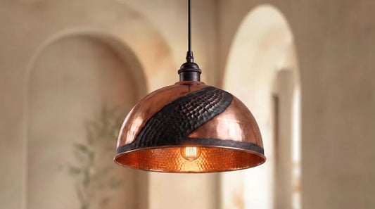 Handmade Moroccan Brass Pendant Light – Hammered Copper Dome Lamp with Black Textured Inlay, Rustic Kitchen Island Ceiling Fixture