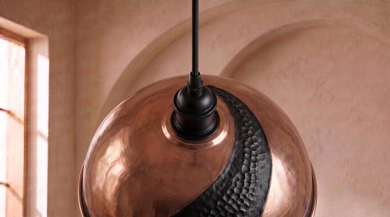 Handmade Moroccan Brass Pendant Light – Hammered Copper Dome Lamp with Black Textured Inlay, Rustic Kitchen Island Ceiling Fixture