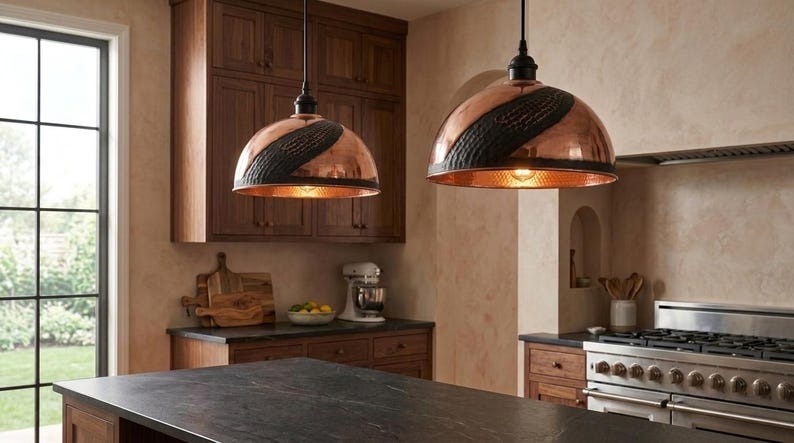 Handmade Moroccan Brass Pendant Light – Hammered Copper Dome Lamp with Black Textured Inlay, Rustic Kitchen Island Ceiling Fixture