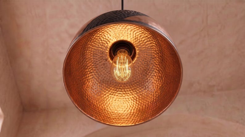 Handmade Moroccan Brass Pendant Light – Hammered Copper Dome Lamp with Black Textured Inlay, Rustic Kitchen Island Ceiling Fixture