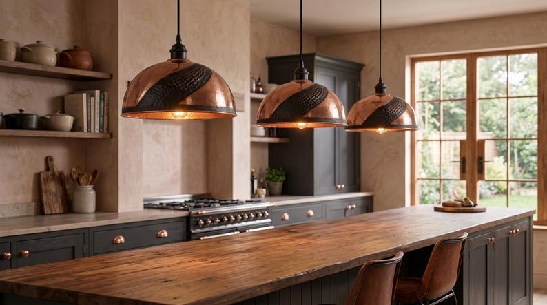 Handmade Moroccan Brass Pendant Light – Hammered Copper Dome Lamp with Black Textured Inlay, Rustic Kitchen Island Ceiling Fixture